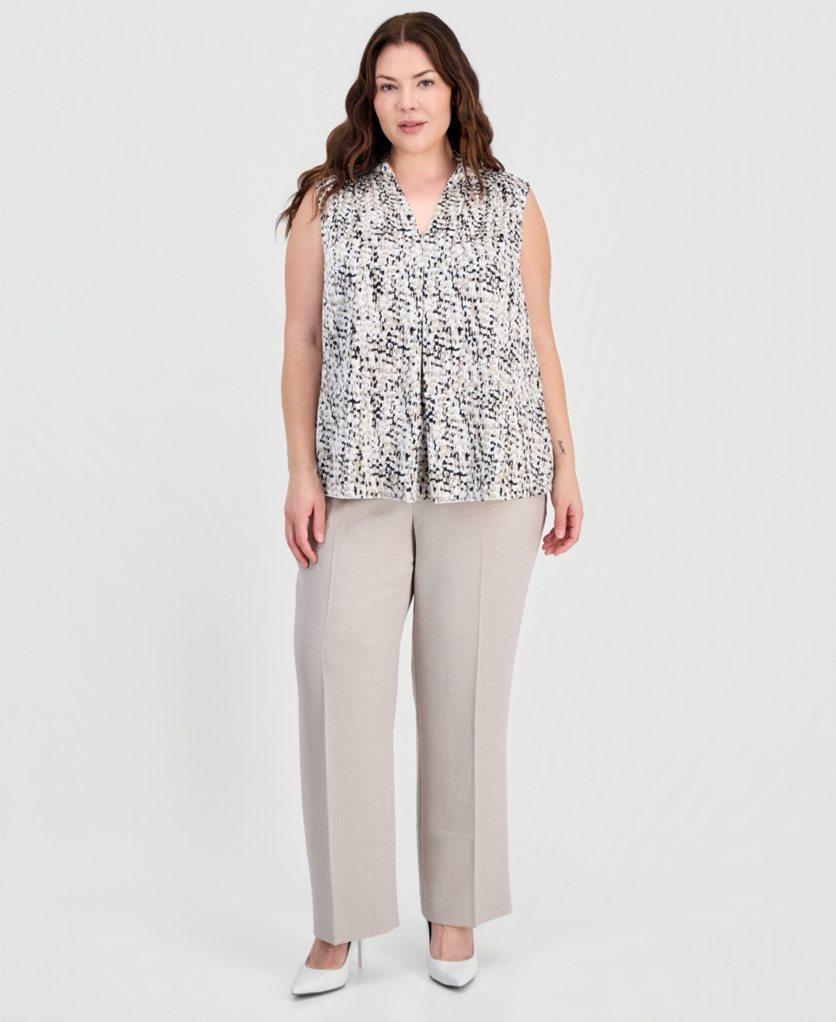 Kasper Plus V-Neck Front-Pleat Top