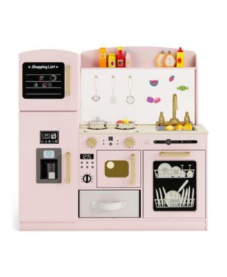 Wooden Kids Kitchen Playset with Chalkboard, Ice Maker, Sink, Microwave.