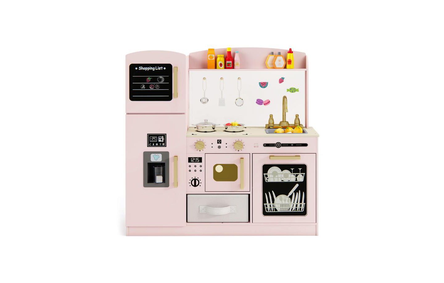 Детский игровой набор HONGGE Wooden Lighted-Microwave Kitchen Playset with Ice Maker, Ages 3+, цвет: Розовый — фото 1