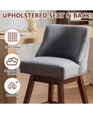 Swivel Bar Stools Set of 2, Modern Upholstered Counter Height Chairs with Wooden Legs and Nailhead Trim for Kitchen Island