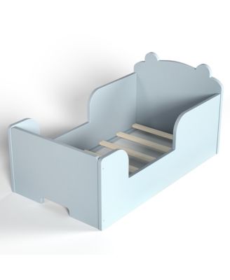 Twin Size Wood Kids Floor Platform Bed Frame, Toddler Bed with Safety Guardrails and Bear-Shaped Headboard for Boys and Girls Ages 3-6