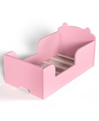 Twin Size Wooden Kids Floor Bed Frame, Platform Bed with Bear Headboard and Safety Rails for Boys Girls Ages 3-6