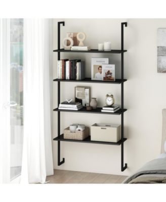 4-Tier Ladder Shelf Open Wall Mounted Bookcase with Wooden Boards and Metal Frame