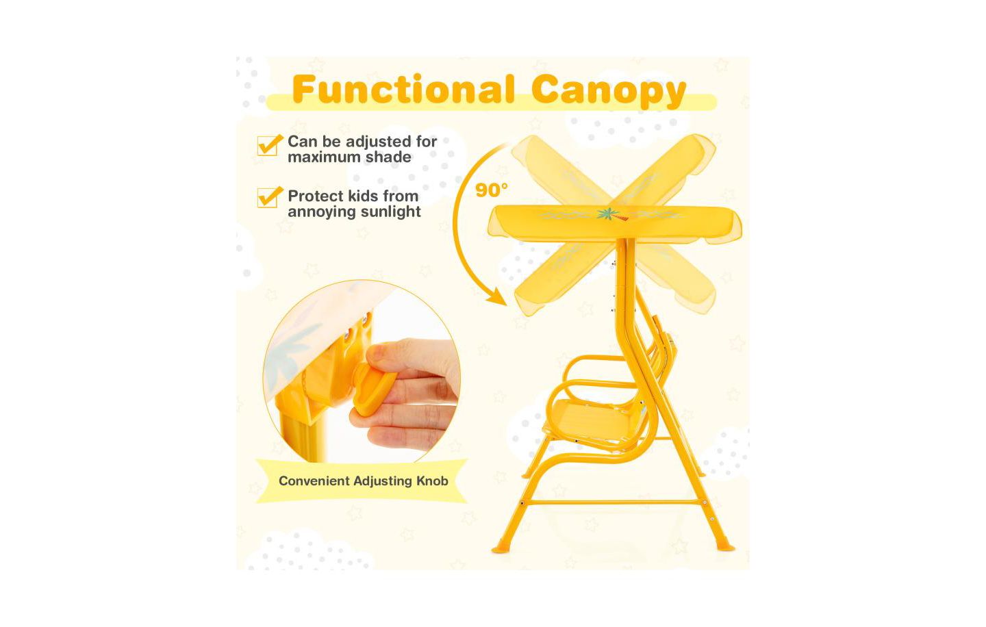 Детская игрушка HONGGE 2-Seater Metal Stand Kids Patio Swing with Adjustable Canopy, Up to 180 lbs, Ages 3+, цвет: Жёлтый — фото 9