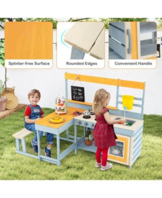 Fir Wood Play Kitchen with Picnic Table and Built-in Bench for Kids