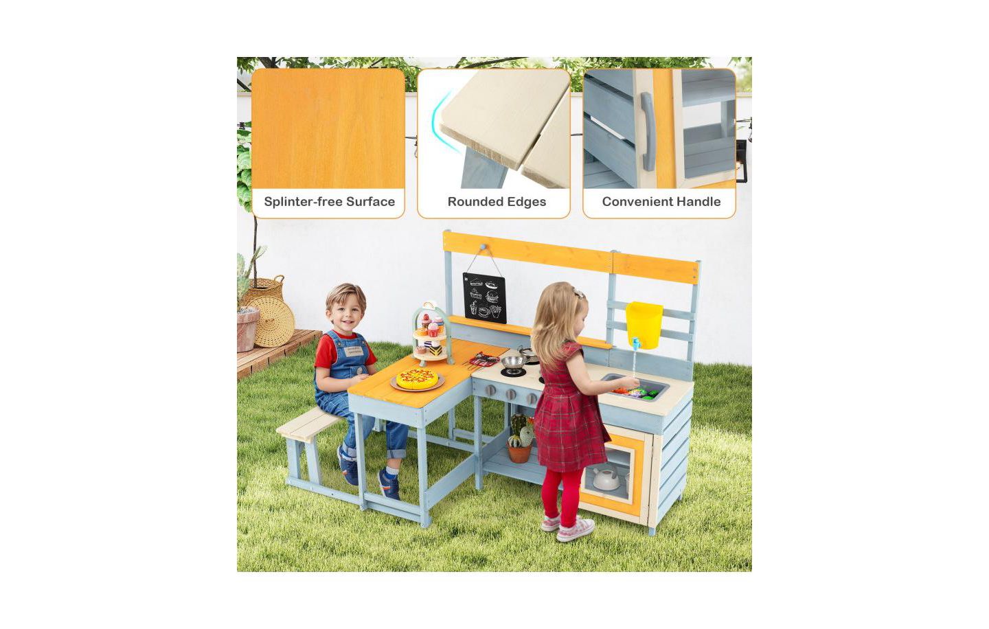 Детская игрушка HONGGE Fir Wood Play Kitchen with Picnic Table and Built-in Bench for Kids, цвет: Серый — фото 9