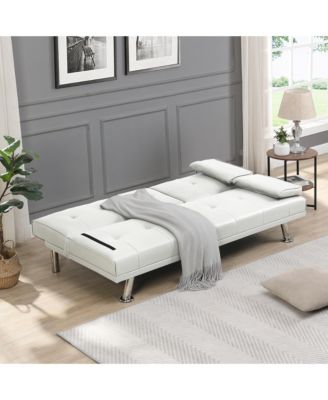 Convertible Futon Sofa Bed, Reversible Loveseat Daybed with 2 Cup Holder, Wood Frame and Stainless Legs for Living Room