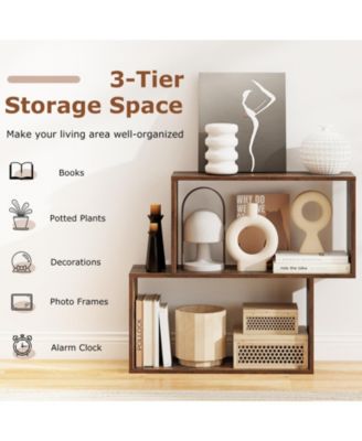 3-Tier Geometric Bookshelf Freestanding Wooden Bookcase with 2 Cubic Compartments