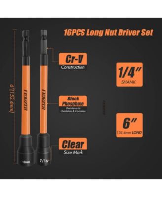 16Pcs Long Magnetic Nut Driver Set for Impact Drill, 6 Inch Long Nut Driver Set, SAE and Metric, 1/4 Inch Hex Shank, Cr-V Steel