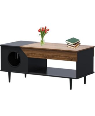 45 in Coffee Table Cat Tables Living Room with Storage Drawer, Wooden Rustic Coffee Tables with Cat House, Hidden Kitty Food Table Litter Box