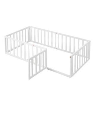 Twin Size Wood Floor Bed Frame with Surrounding Fence Removable Door and Open Row Design