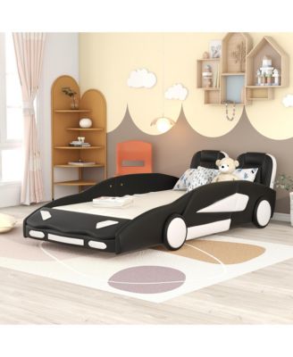 Twin Size Race Car Shaped Platform Bed with Side Rails Support Wheels and Two Seat Design