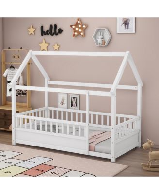 Twin Size Wood Floor Bed House Roof Frame Fence Guardrails  Pine Wood