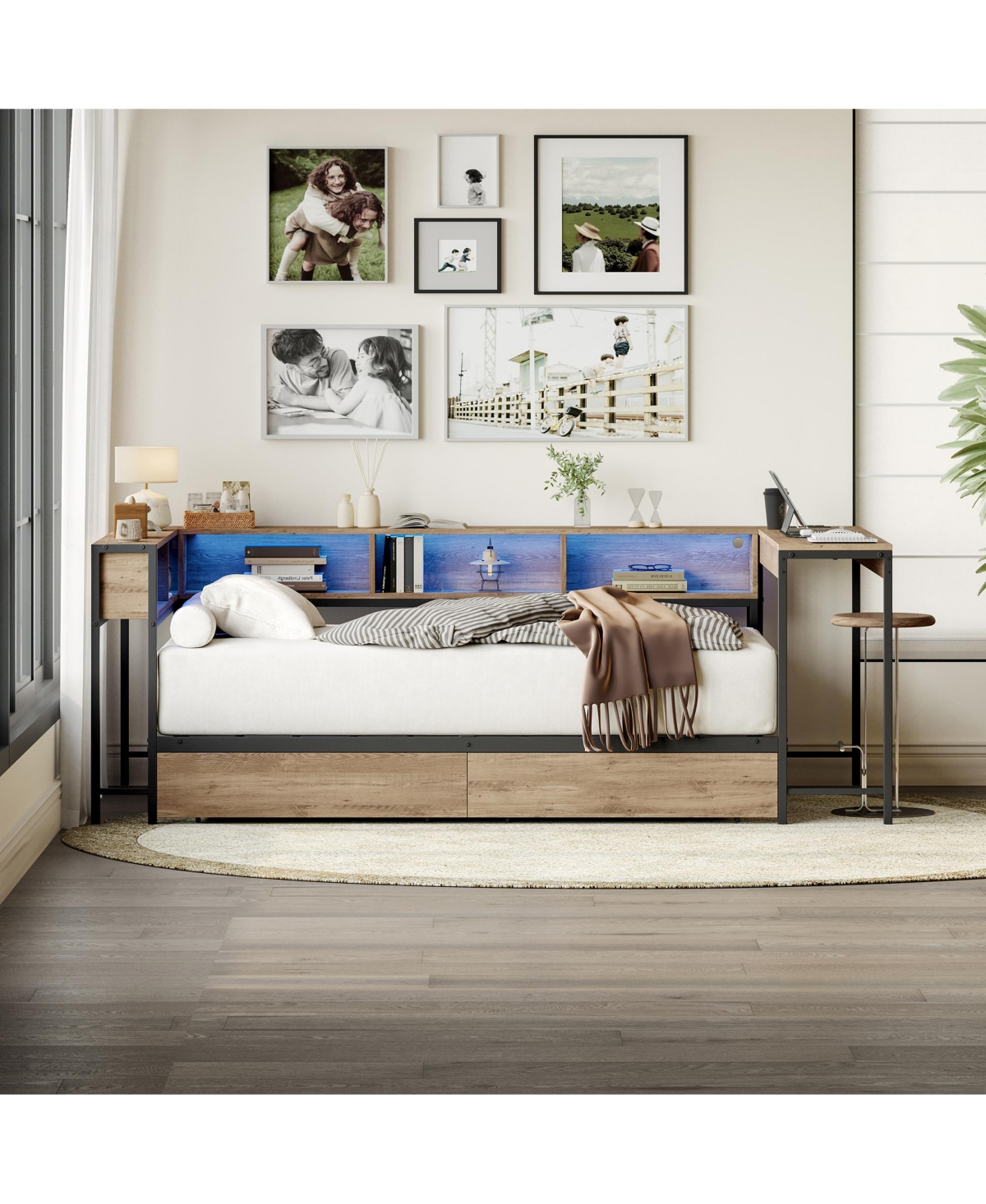 flynama Corner Bed Frame With Bookcase Led Lights Charging Station 2 Storage Drawers