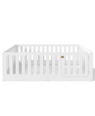 Twin Size Floor Bed, Solid Wood Kids Bed Frame with High Fence and Door, Modern Low-Profile Design for Boys Girls, No Box Spring Required