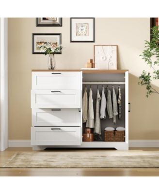 43.3'' H Armoire Wardrobe Closet with 4 Drawers and 2 Doors, Hanging Rod, Multifunctional Wooden Dresser with Storage Closet, Bathroom Cabinet.