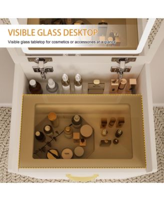 3 in 1 Vanity Desk  - Compact Dressing Table Set with Plip Top LED Mirror, Visible Glass Desktop, Cushioned Tool and 3 Drawers for Bedroom