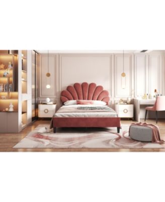 Upholstered Platform Bed Flower Pattern Velvet Headboard Bean Paste Red No Box Spring Needed