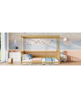 Wooden Canopy Floor Bed With Guardrails Four Poster Design Natural For Kids