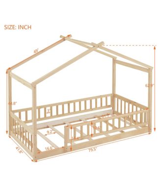 Twin Size Wood House Bed Roof Fence Pine Wood Frame 7 Slats Kids Bedroom