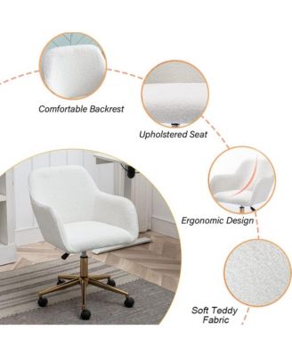 Modern Teddy Fabric Home Office Chair - Adjustable Swivel Desk Chair, Cute Fluffy Computer Chair with Gold Metal Legs for Vanity Room