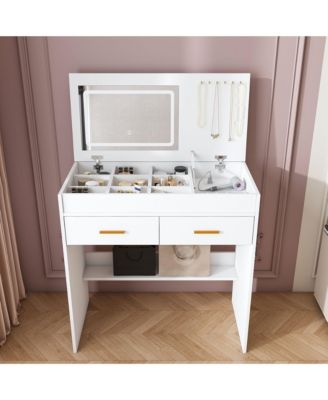 Flip Top Vanity Desk, Makeup Vanity Table with  LED Lighted Mirror, Built-in Outlet, 2 Drawers, Open Storage and Hooks for Jewelry