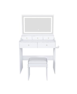 Large Mirror Vanity Desk, Makeup Vanity Set with 5 Drawers, Power Outlet, Hair Dryer Holder and 3 Lighting Color Adjustable for Bedroom