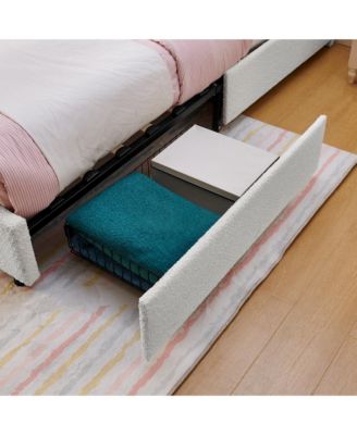 Twin Size Upholstered Kids Platform Bed, Boucle Fabric Bed Frame with 4 Storage Drawers, LED Lighting and Rabbit Ear Headboard for Boys Girls
