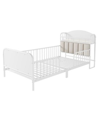 Metal Platform Bed With LED Light Velvet Upholstered Headboard Storage