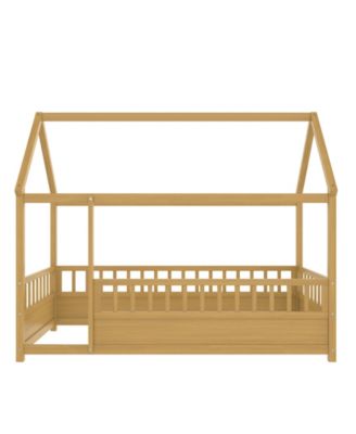 Wooden Floor Bed With House Roof Frame And Fence Guardrails For Kids