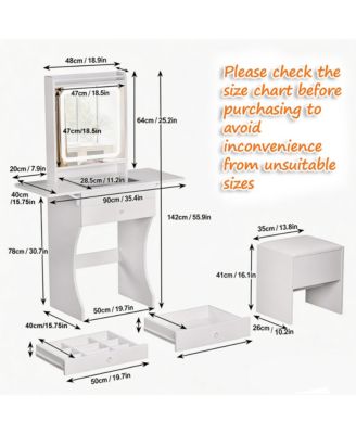 Vanity Set - White Makeup Vanity Table with Stool, Compartmentalized Drawers and Foldable Side Tables, Dressing Table for Bedrooms