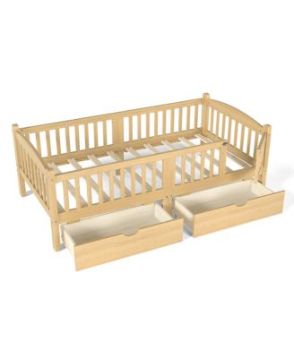 Wood Low Bed Frame, Kids Platform Bed with Storage Drawers and Full-Length Guardrails for Children, No Box Spring Needed