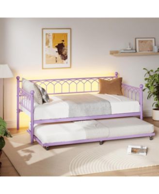 Twin Daybed with Trundle, Sofa Bed Frame with Charging Station & LED Lights, Heavy Duty Metal