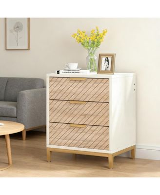 3-Drawer Bedside Table, Wooden Nightstand with Gold Metal Frame and Adjustable Invisible Foot Pads for Bedroom