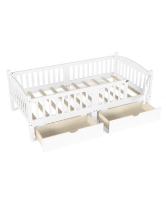Twin Size Low Bed Frame, Wood Kids Platform Bed with Storage Drawers and Full-length Guardrails for Girls Boys, No Box Spring Needed