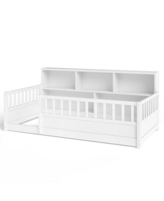 Twin Size Montessori Floor Bed - Low Profile Wooden Bed Frame with Bookcase and Guardrails for Girls, Boys