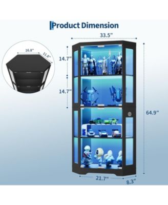 Glass Display Cabinet, 4-Tier Curio Cabinets with 3 Color Lights, Corner Bookcase for Collectibles, Storage Cabinets with Human Body Sensor