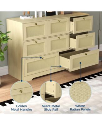 Rattan Dresser with 6 Drawers, Modern Boho Wooden Dresser for Bedroom Storage, Wicker Chest of Drawers with Metal Handles and Solid Wood Legs