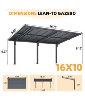 16'x10' Lean to Hardtop Metal Carport Gazebo, 10x16 Outdoor Freestanding Pergola Gazebo