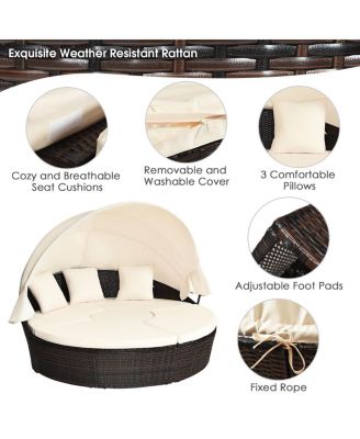 Cushioned Patio Rattan Round Daybed w/ Adjustable Table 3 Pillows Canopy