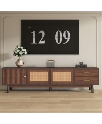 Mid Century TV Stand 70'' Media Console Cabinet Rattan Sliding Doors