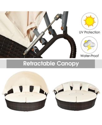 Cushioned Patio Rattan Round Daybed w/ Adjustable Table 3 Pillows Canopy