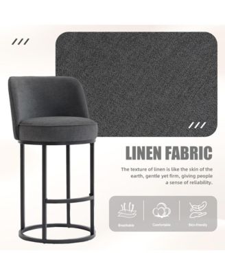 Modern Barrel Bar Stools Set of 2 - Linen Fabric Upholstered Counter Height Chairs with Back and Footrest for Kitchen Island