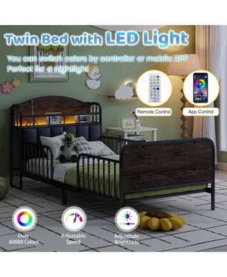 Twin Size Metal Platform Bed with LED Light, Upholstered Storage Headboard and Low Profile Design for Kids Boys Girls