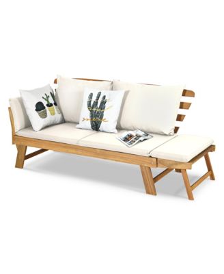 Adjustable Patio Sofa Daybed Acacia Wood Furniture w/ Cushions