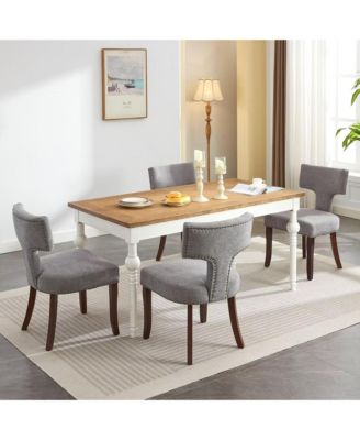 Modern Wooden Dining Chairs Set of 2 - Linen Upholstered Kitchen Chairs with Curved Backrest, Copper Nails for Dining Room