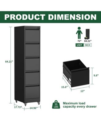 5 drawer metal locking file cabinet with wheels for home office, heavy duty storage for letter, legal, and A4 files.