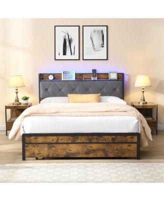 Queen Size Heavy Duty Metal Platform Bed Frame with 2 Storage Drawers, Charging Station and LED Light Upholstered Headboard for Bedroom