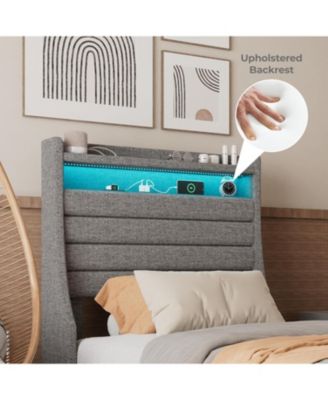 Twin Bed Frame with 2-Tier Storage Headboard, Charging Station & LED Lights, Under Bed Storage