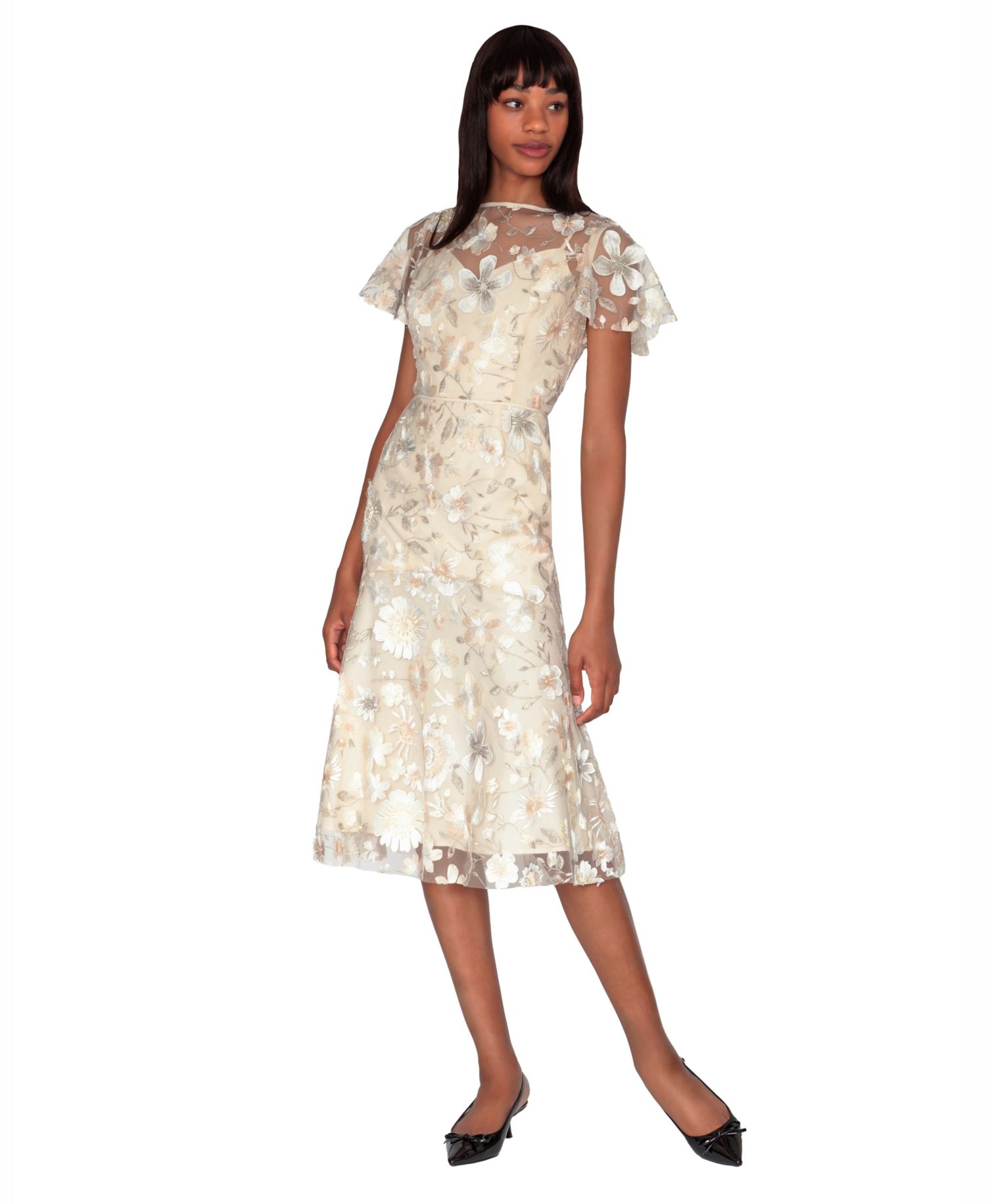 Women's Embroidered Boat Neck Polyester Midi Dress